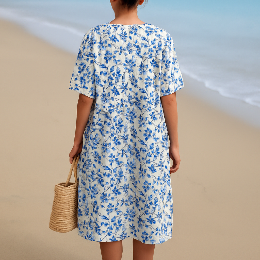 Magnolia | Ivory Dress Adorned with Porcelain Blue Floral Accents