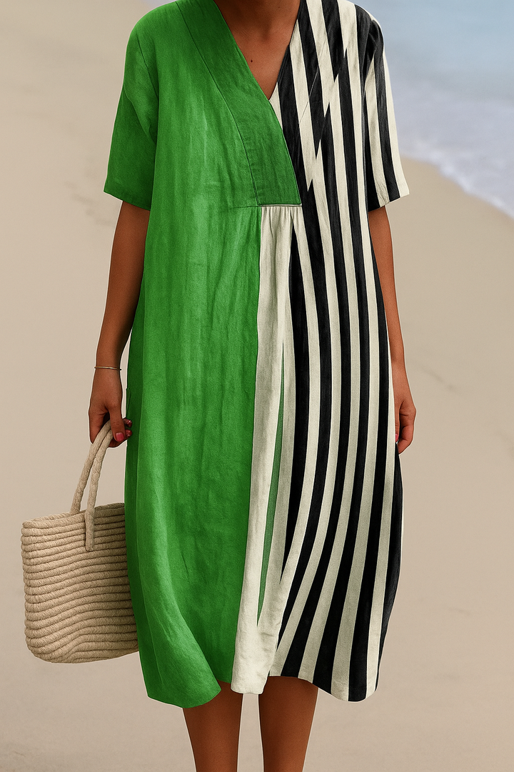 Nayara | Vibrant Green Dress Featuring Black Stripes