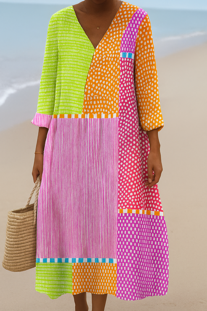 Fia | Colorful Patchwork Dress Featuring Dots and Stripes