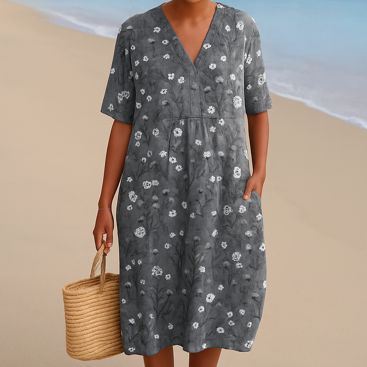 Maris | Charcoal Floral Dress with White Accents