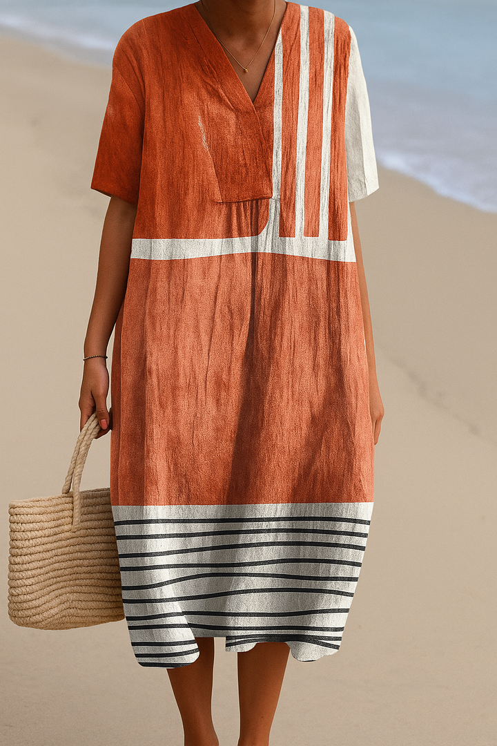 Selene | Terracotta Dress Featuring Graphic Stripes