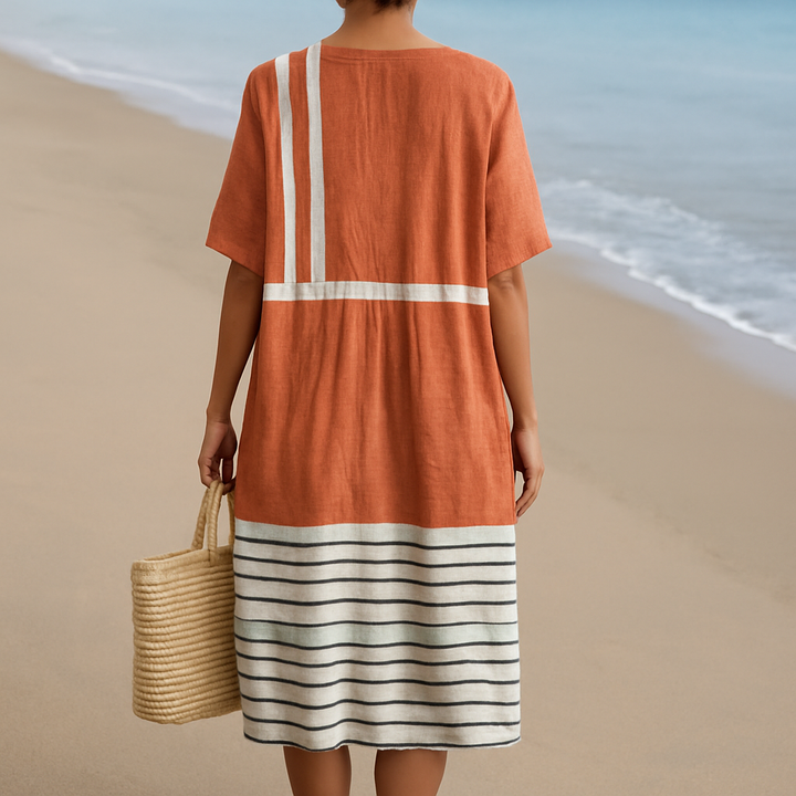 Selene | Terracotta Dress Featuring Graphic Stripes
