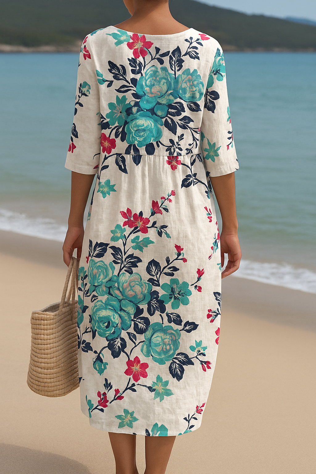 Aveline | Elegant White Maxi Dress with Turquoise Floral Accents
