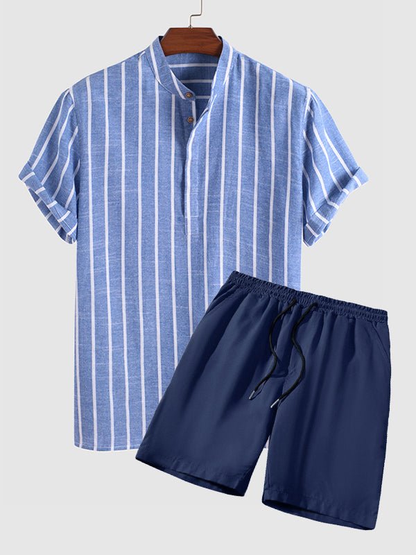 Joel | Men's Striped Mandarin Collar Half Button Shirt  Casual Shorts Set