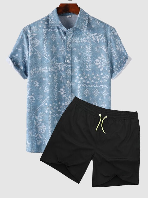 Noel | Men's Floral Print Casual Short Sleeve Shirt Quick-Drying Swimming Shorts Set