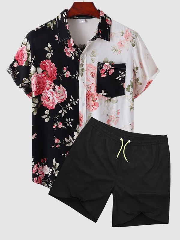 Coby | Men's Hawaiian Floral Patchwork Short Sleeve Shirt Swimming Shorts Set