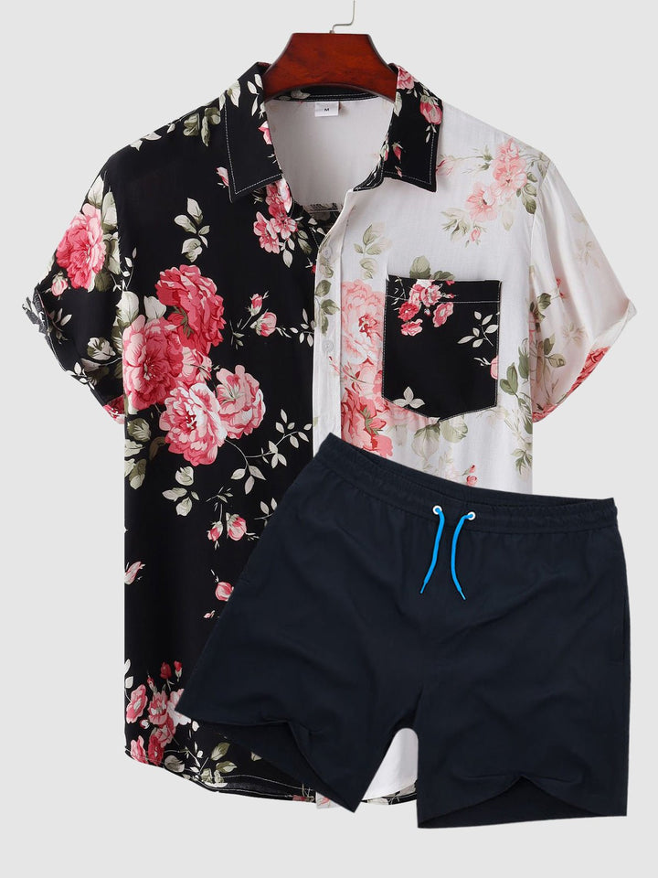 Coby | Men's Hawaiian Floral Patchwork Short Sleeve Shirt Swimming Shorts Set