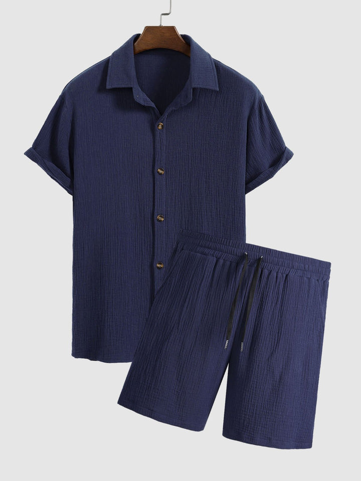 Jay | Men's pleated textured solid color short sleeve set