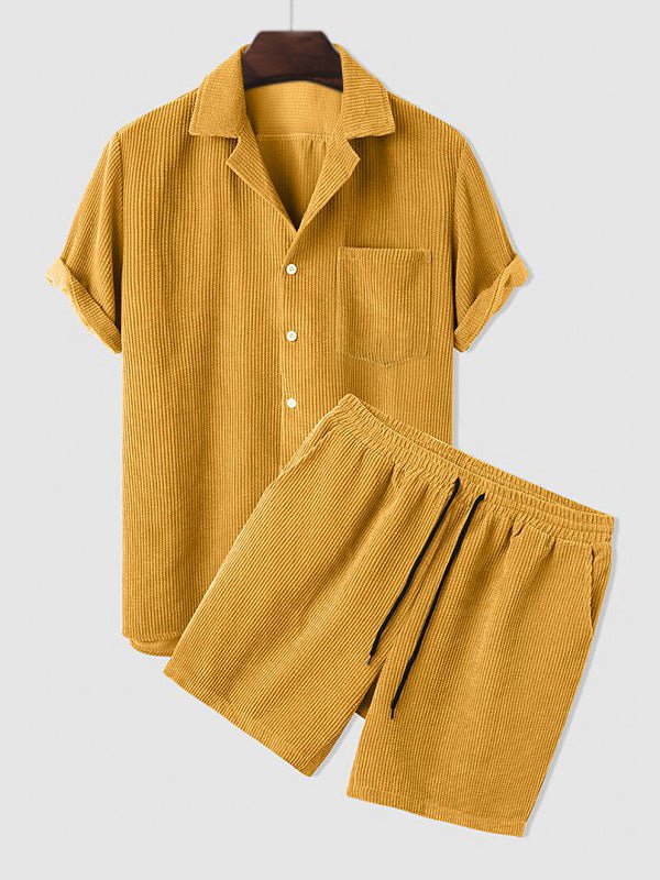 Zeus | Men's Retro Corduroy Casual Lapel Solid Button Short Sleeve Shirt Shorts Set