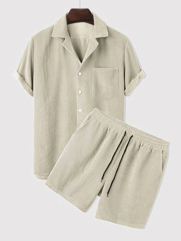 Zeus | Men's Retro Corduroy Casual Lapel Solid Button Short Sleeve Shirt Shorts Set