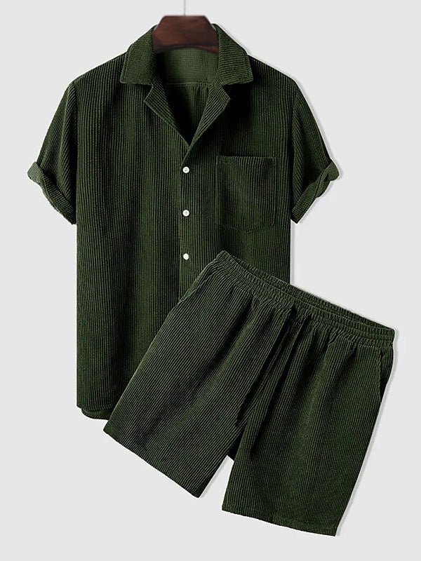 Zeus | Men's Retro Corduroy Casual Lapel Solid Button Short Sleeve Shirt Shorts Set