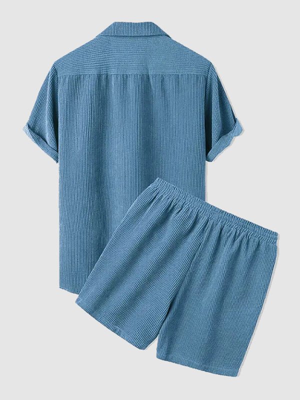 Zeus | Men's Retro Corduroy Casual Lapel Solid Button Short Sleeve Shirt Shorts Set