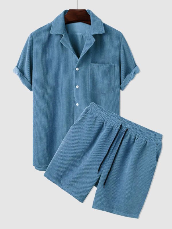 Zeus | Men's Retro Corduroy Casual Lapel Solid Button Short Sleeve Shirt Shorts Set