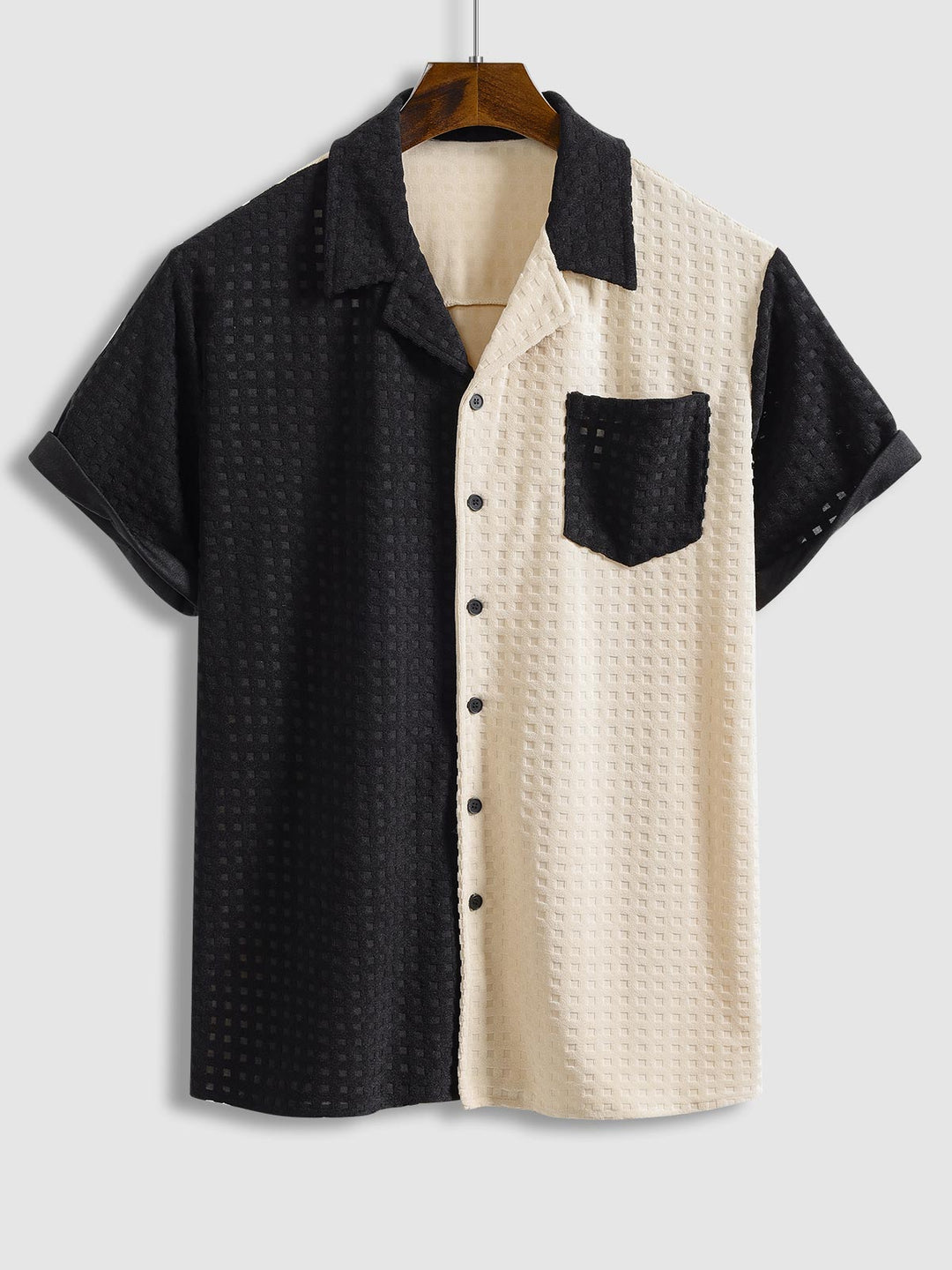 Eren | Men's Terry Cloth Plaid Color Block Cuban Collar Shirt Casual Shorts Set