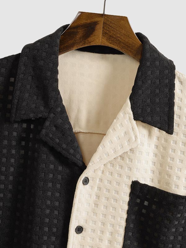 Eren | Men's Terry Cloth Plaid Color Block Cuban Collar Shirt Casual Shorts Set