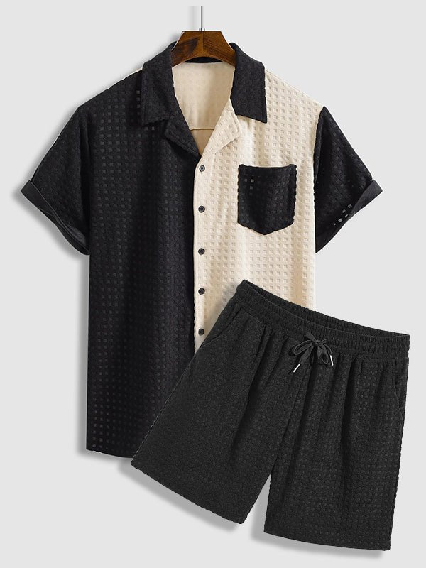 Eren | Men's Terry Cloth Plaid Color Block Cuban Collar Shirt Casual Shorts Set
