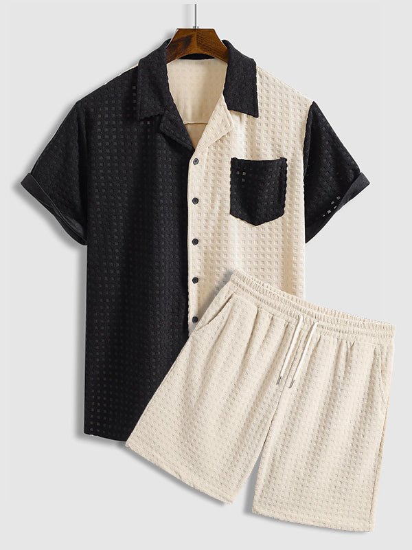 Eren | Men's Terry Cloth Plaid Color Block Cuban Collar Shirt Casual Shorts Set