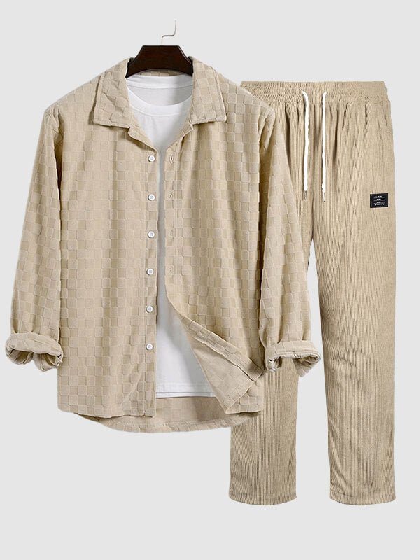 Robin | Men's textured plaid terry casual long-sleeved shirt and corduroy pants set