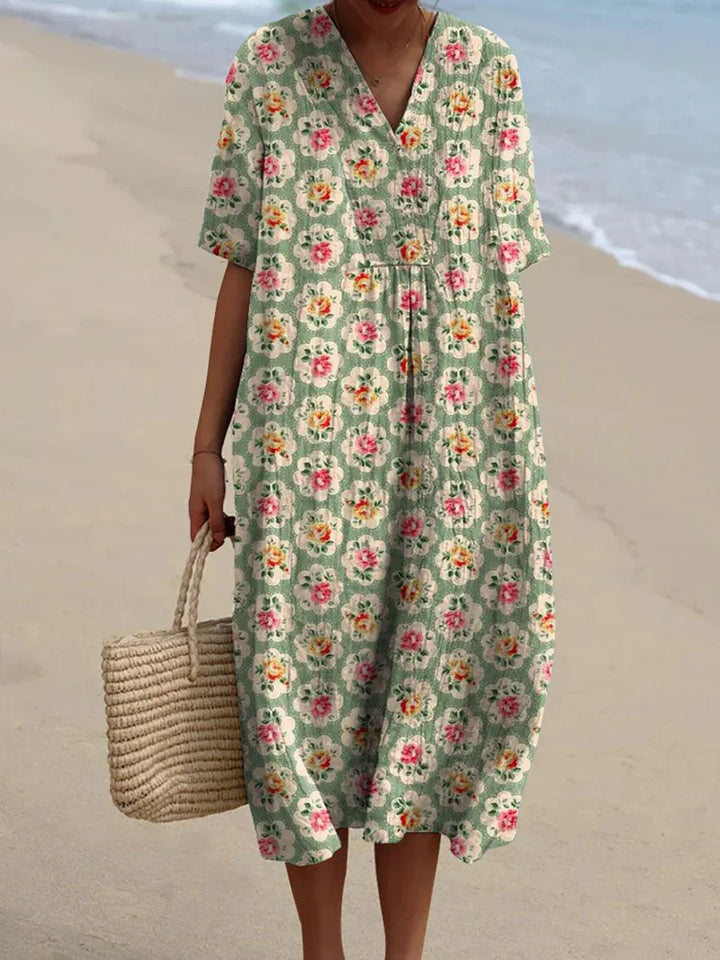 Eulalia | Retro Floral Dress in Aqua Green