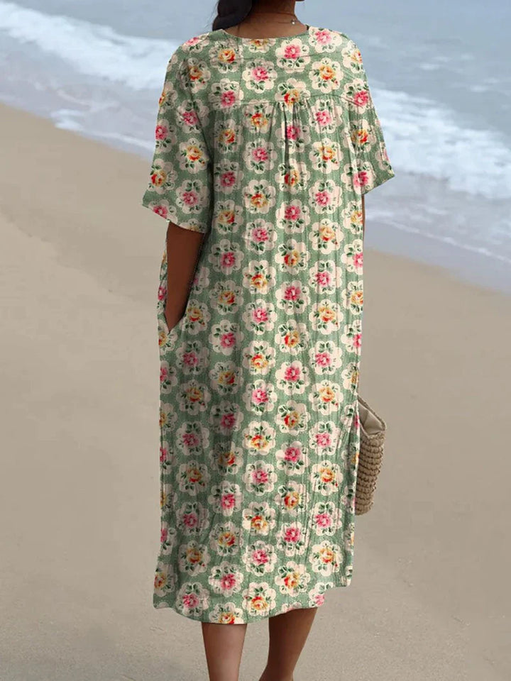 Eulalia | Retro Floral Dress in Aqua Green